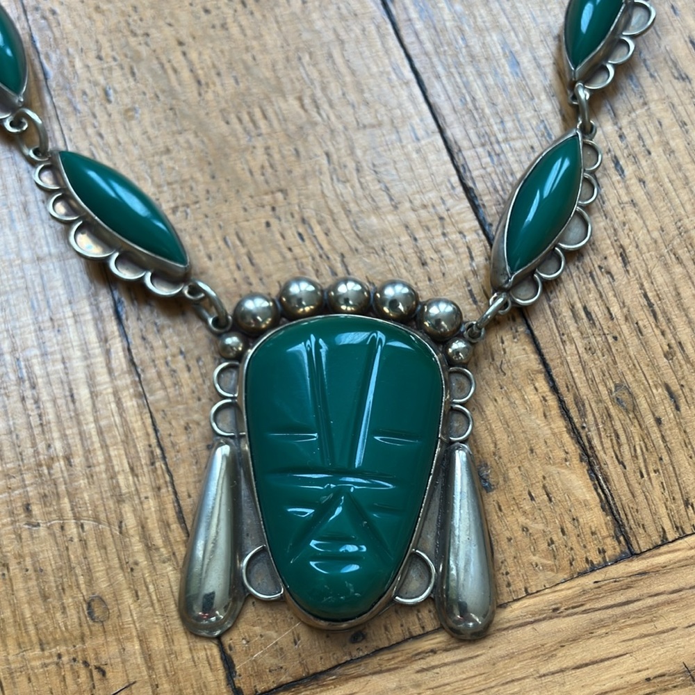 Magnificent Vintage Green and Silver Mask Necklace - Picture 2 of 10